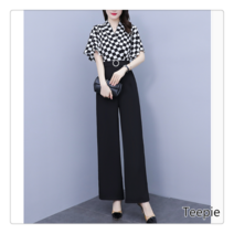티피/Teepie 여름 프리미엄 쉬폰 체크 브이넥 와이드 팬츠 점프슈트