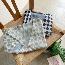 마롱패션 아가일 체크 브이넥 반팔 크롭 숏가디건 기본 가디건