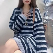 여성 스트라이프 니트 원피스 패션 루즈핏 미디 스웨터 니트 봄 가을 원피스M220926