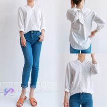 와이제이 국내 당일 발송 브이넥 왕리본 블라우스 앞뒤구분없이 착용가능한 긴팔블라우스 뒷태반전 YJK179