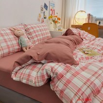 puildaug 간단한 격자 무늬 샌딩 4 피스 시트 퀼트 커버 침구 순수 기숙사 3 피스 세트