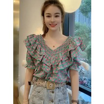 프릴블라우스 넥케이프 타이 크롭 블라우스 쉬폰 셔링 카라 오프숄더 리본 셔링블라우스 여성블라우스