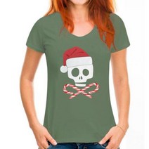 크리스마스 해골과 십자가 사탕 지팡이 산타 블랙 소프트 주니어 티셔츠 탑 레트로 O 넥 티셔츠, WoMen pea green_S