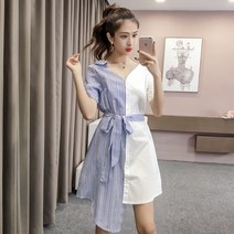 SAMARA 셔츠 원피스 스트라이프 카라 언밸런스 허리끈