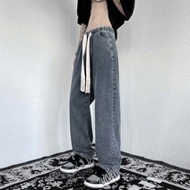 밴딩 코쿤 힙합 남자통청바지 여름용 셀비지데님 진 와이드 일자 밴딩 데님 남자 9부 청바지