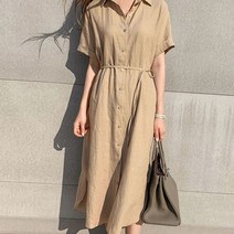 여성 캐주얼 여름 린넨 반팔 롱 셔츠 원피스 데일리룩 _ 22476EA