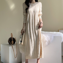 도앙뜨 여성용 엘시 루즈핏 라운드넥 겨울 긴팔 꽈베기 트임 맥시 롱 니트 롱원피스 데일리룩