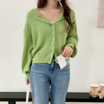 브이와이 VY 여자 카라 스웨터 꽃무늬 클래식 크로쉐 가디건