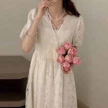 레이스 퍼프 쉬폰 원피스 펀칭 세련된 여름 프랑스 기질 넥 허리 슬리밍 헤비 중공 자카드 퍼프 슬리브 드레스