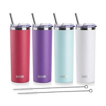 koodee 빨대 달린 591 5ml(20온스) 스키니 텀블러 스테인리스 스틸 이중벽 단열 슬림 여성 남성용 DIY 생일 선물 (퍼플) 미국직송, 4 Count (Pack of 1), 와인 레드-퍼플-티파니 블루-화이트