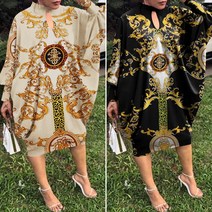 VONDA 3 색 패션 여성 우아한 인쇄 긴 소매 주름 드레스 비대칭 밑단 헐렁한 O 넥 빅사이즈 원피스