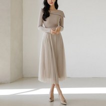 스타일온미 레이즈 보트넥 배색 플리츠 샤 레이스 롱 원피스
