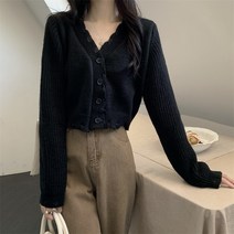 오버클래쓰 여성 V넥 크롭 가디건 골지 간절기 니트 티셔츠 기본