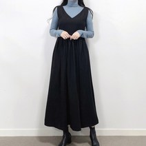 매일리룩 루즈핏 뷔스티에 플레어 골덴 멜빵 리본 롱 원피스