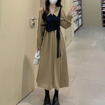 POMTOR 페이크 투피스 긴팔 원피스 여 봄 가을 빅사이즈 고급스러운 무드 여신 롱스커트