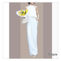 티피/Teepie 고급 여성 화이트 점프슈트 홀터넥 민소매 와이드 점프슈트