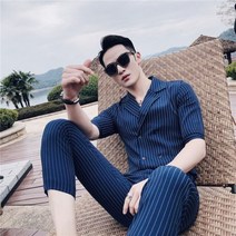 남성캐주얼정장 스트라이프정장 남성 더블 브레스트 정장 바지 셔츠 세트 여름 의상 Mariage 옴므 블랙 화이트 그레이 블루 스트라이프 흡연 Uomo