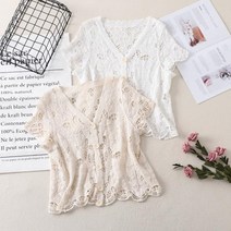 S15916 2컬러 예쁜 반팔 뜨개가디건 레이스 숏가디건