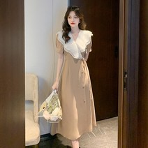 Ogfaour 여성 여름 복고 브이넥 터틀넥 프릴 롱 원피스 YZ0042