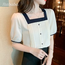 나바바 NB793 여성 레트로 배색 쉬폰 스퀘어넥 반팔 블라우스