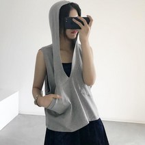 여름신상 민소매 후드 티 포켓 맨투맨 조끼 여성