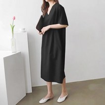 오버핏 린넨 브이넥 반팔 롱원피스 (3color)