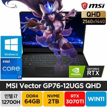 MSI 벡터 Vector GP76 12UGS QHD i7-12700H RTX3070Ti 윈도우11 17인치 주식 배그 고사양 고성능 게이밍 노트북, 블랙, 코어i7, 2TB, 64GB, WIN11 Home