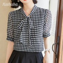 나바바 NB703 여성 캐주얼 체크 리본넥 반팔 블라우스