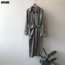 DFMEI 봄 새틴 셔츠 원피스 여 디자인 기질 롱 스커트녀