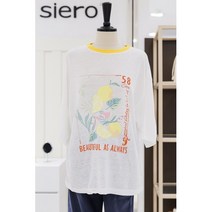 시에로 [시에로] 네크 배색 레몬 프린트 린넨 티셔츠 (TSF094
