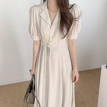 돌잔치 하객룩 레이스 허리 퍼프 소매 슬리브 린넨 반팔 롱 원피스