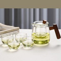 티포트 찻잔 호두나무 손잡이 티포트 홈카페 직접 가열할 수 있어요, 투명색+찻잔 4개