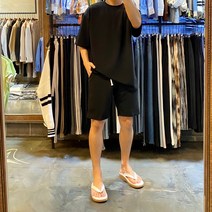 어썸블랑 커플룩 남여공용 쉬원한 여름 반팔 스판반바지 츄리닝세트 5color