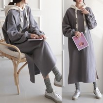 KUKU 국내제작 레터링 배색 후드 양기모 겨울 롱원피스 4color 빅사이즈 루즈핏 오버핏 맘룩 맘원피스 임부복 임산부 홈웨어