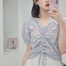 보색 체크 패턴 가슴 셔링 퍼프 소매 크롭 브이넥 여름 반팔 티셔츠 블라우스