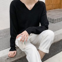 네모엔룩 여성용 소매버튼골지 쇄골라인 긴팔 슬림 이너 레이어드 골지 브이넥 니트 NL
