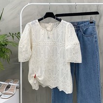 행복여 에스닉 자수 펀칭 레이스 벌룬 소매 블라우스