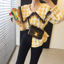 메이플 레이스 빅카라 브이넥 주름 체크 블라우스 (3color)