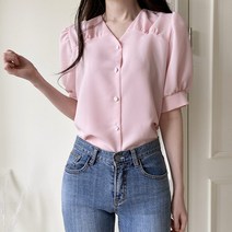여자 브이넥 퍼프 벌룬소매 5부 셔링 여름 반팔 블라우스 연핑크 소라색 아이보리 러블리