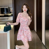 [HEIPANG] 여성 스퀘어 칼라 슬림 주름 플라워 미니 원피스