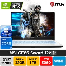 MSI Sword GF66 A12UE 인텔 12세대 i7-12700H RTX3060 윈도우11 배그 주식 고성능 게이밍 노트북, GF66 Sword, WIN11 Home, 32GB, 1TB, 코어i7, 화이트