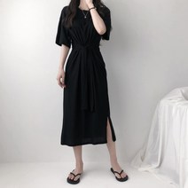 레이디스룸 국산 잘록허리 루즈핏 박시 허리끈 면 반팔 롱 원피스