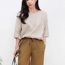 ERV784855블루모드 여자 라운드 반팔 티셔츠 린넨 여름 루즈핏 옷, 색상 사이즈/모카 XL 77까지