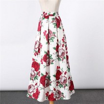 샤틴 롱 스커트 실크 치마 플레어 맥시 레트로 플라워 프린트 플리츠 길이 퍼프 여성 사이 아스
