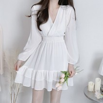 브이넥 랩 스모크 밴딩 캉캉 쉬폰 원피스