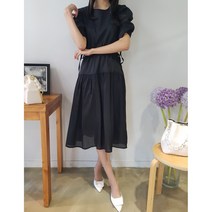 상상그이상 여성용 모어끈 원피스 라운드넥 셔링 반팔 롱원피스 허리스트랩 루즈핏 쉬폰 플레어원피스