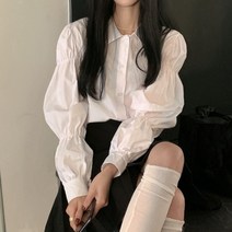 여성 긴팔 소매 퍼프 블라우스 여자 벌룬 여신룩 디자인 흰색 셔츠 복고풍 탑 팔 거