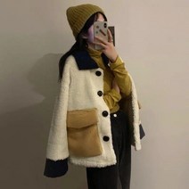 지지아나 여성 겨울 빅포켓 뽀글이 배색 카라 양털 자켓