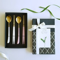 로즈니 스완 2인 수저세트 숟가락 2P + 젓가락 2P [선물포장 + 쇼핑백], 티타늄골드 화이트+핑크
