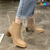 몬드스팟 7cm 여성 킬힐 사각코 절개 우드굽 앵클 부츠 베이지(DM426)